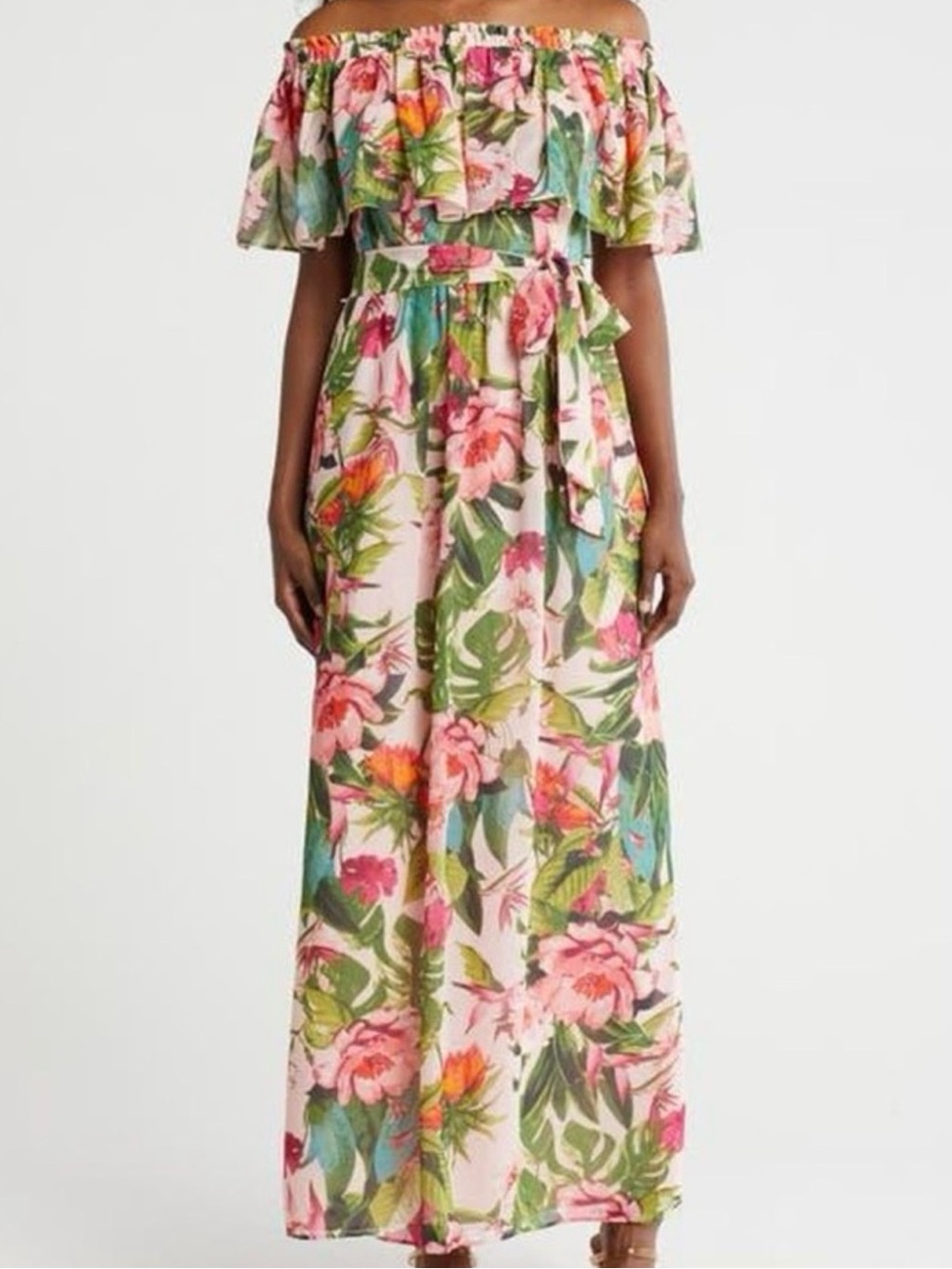 Eliza J Off-Shoulder Tropical Floral Maxi Dress in Pink & Green